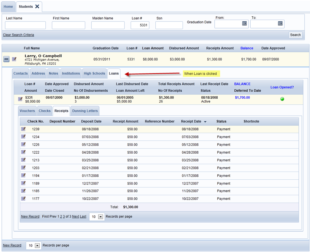 The below is an example of a No Interest Loan that was customized to work as Student Loan Management which provides you the capability to manage interest free loans.